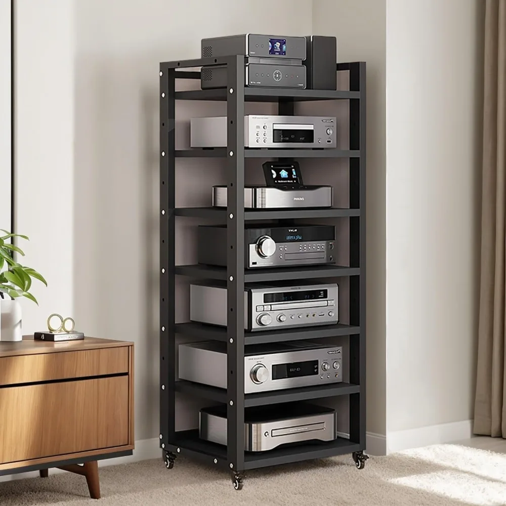 

7-Tier AV Media Stand, Audio Rack Stereo Cabinet, Adjustable Media Storage Shelves with Wheels, Universal Organizer for Gaming &