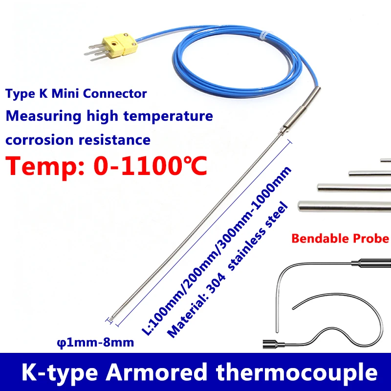 Armoured Thermocouple K Type Bendable Sensor Wire 1mm//2mm/3mm-8mm Dia 100/200/300mm WRNK-191 0-1100 Degree Temperature Sensor