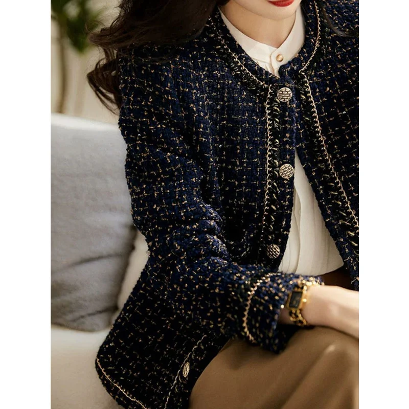 Small Fragrant Navy Blue Gold Silk Elegant Office Coat Women Spring  Autumn New Fashion Casual Long-sleeved Cardigan Tweed Coat