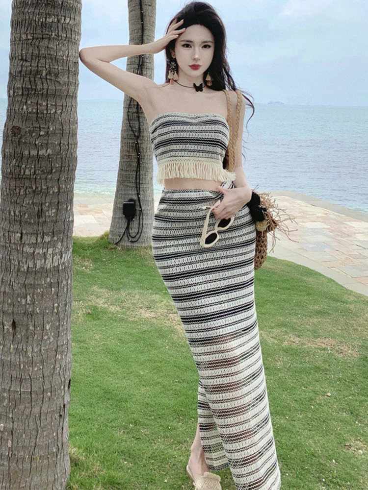 Fashion Knitted Summer Sexy 2 Pieces Outfit Women Striped Chest Wrapped Cropped Tops High Waist Maxi Long Skirt Mujer Slim Set