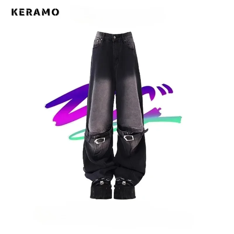 Imagem -05 - Jeans Reto com Cinto de Cintura Alta Feminino Calça Gótica Jeans Folgada Perna Larga Punk Estilo de Rua Vintage Moda Y2k 2024