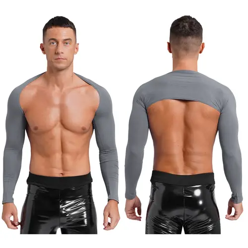 Men Open Front Half Crop Top Solid Long Sleeve Cardigan Bolero Shrug Tops Muscle Arm Sleeves Workout Sports Gym Tops Clubwear - Image 15