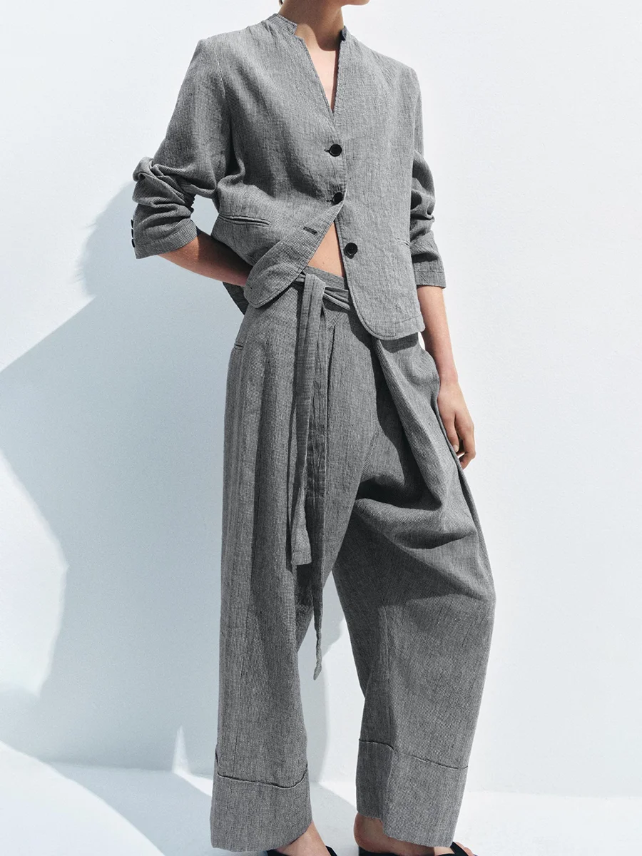 

LIMO Linen 2-piece suit women's casual V-neck suit jacket and high-waisted wide-leg pants elegant office wear
