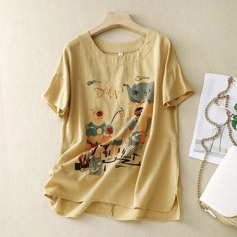 Chinese Style Women's T-shirts Summer Cotton Linen Tees Short Sleeve Loose Vintage Women Tops Printed O-neck Clothing