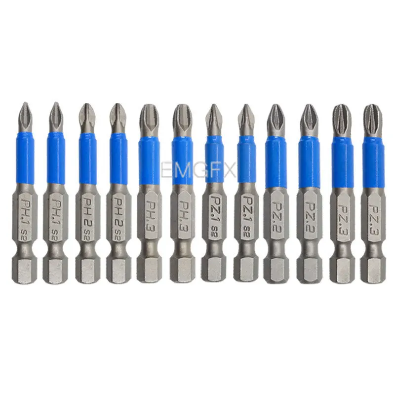 12PCs No-slip PZ1/PZ2/PZ3 Screwdriver Bit Sets for Drill Magnet S2 Alloy Steel Screwdriver Electric Impact 50/25mm PH1/PH2/PH3