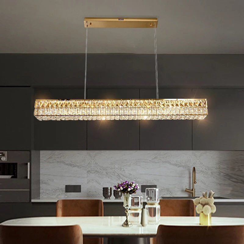 Led lustre de cristal para sala de jantar moderno longo pendurado lâmpada luxo ouro casa decoração luminária retângulo lustre cristal