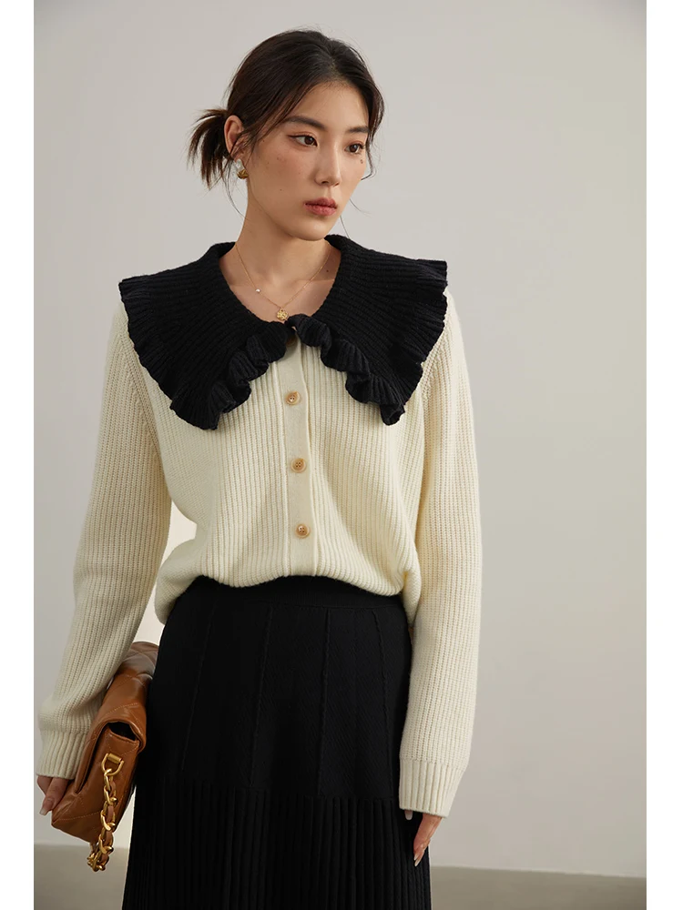 DUSHU Gentle Style Sweet Lotus Leaf Collar Knitted Sweater Women Winter Age-reducing Beautiful Western-style Top Female Cardigan