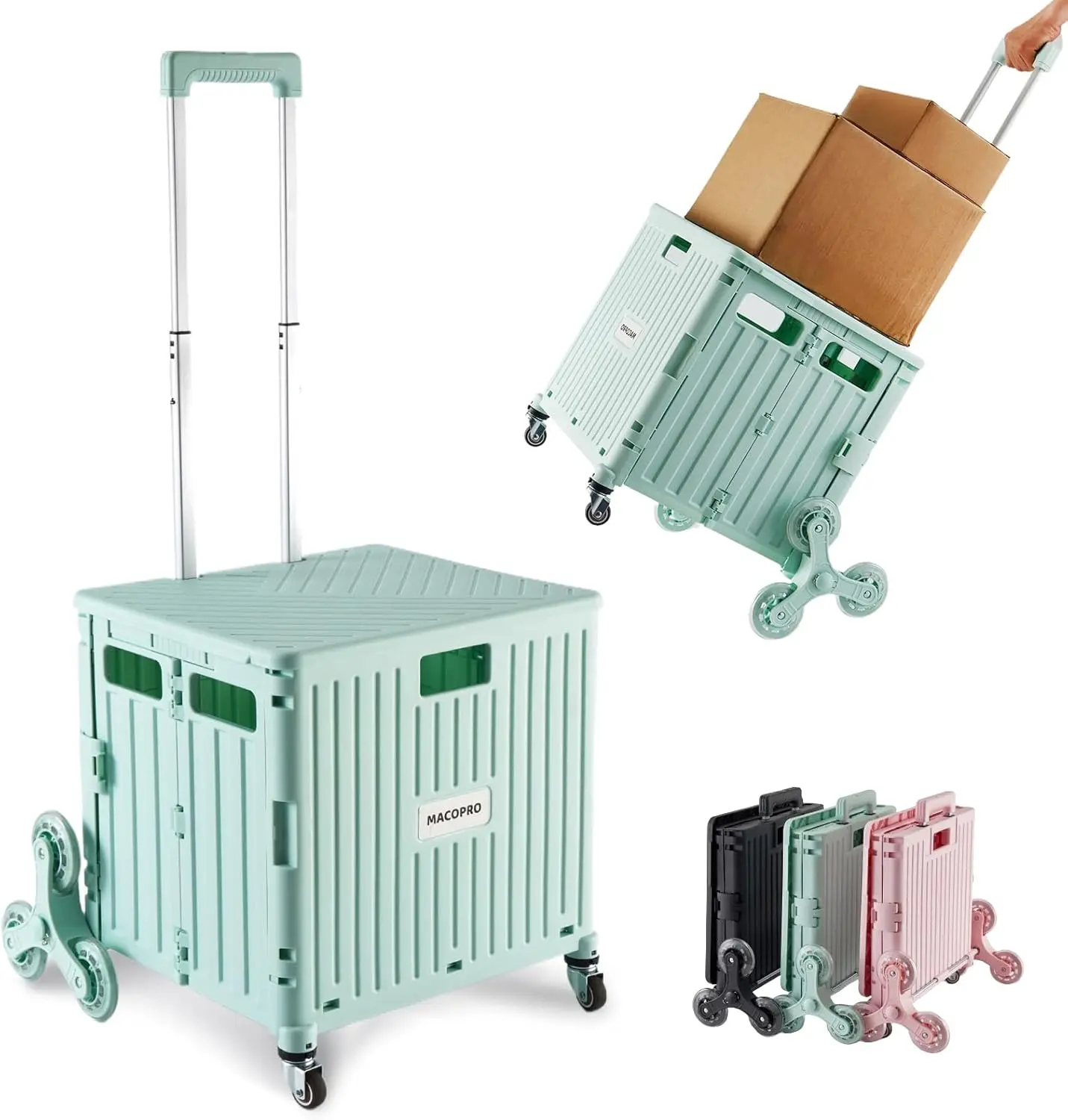 

Foldable Stair Climbing Cart with Telescoping Handle, Collapsible Rolling Crate for Groceries and Storage