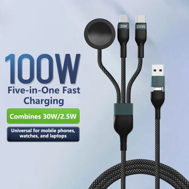 NEW 5 In 1 100W Multi USB A Charging Cable Multiple Usb Charging Cord Type C Micro Charger Mobile Phone Wire For iPhone Watch