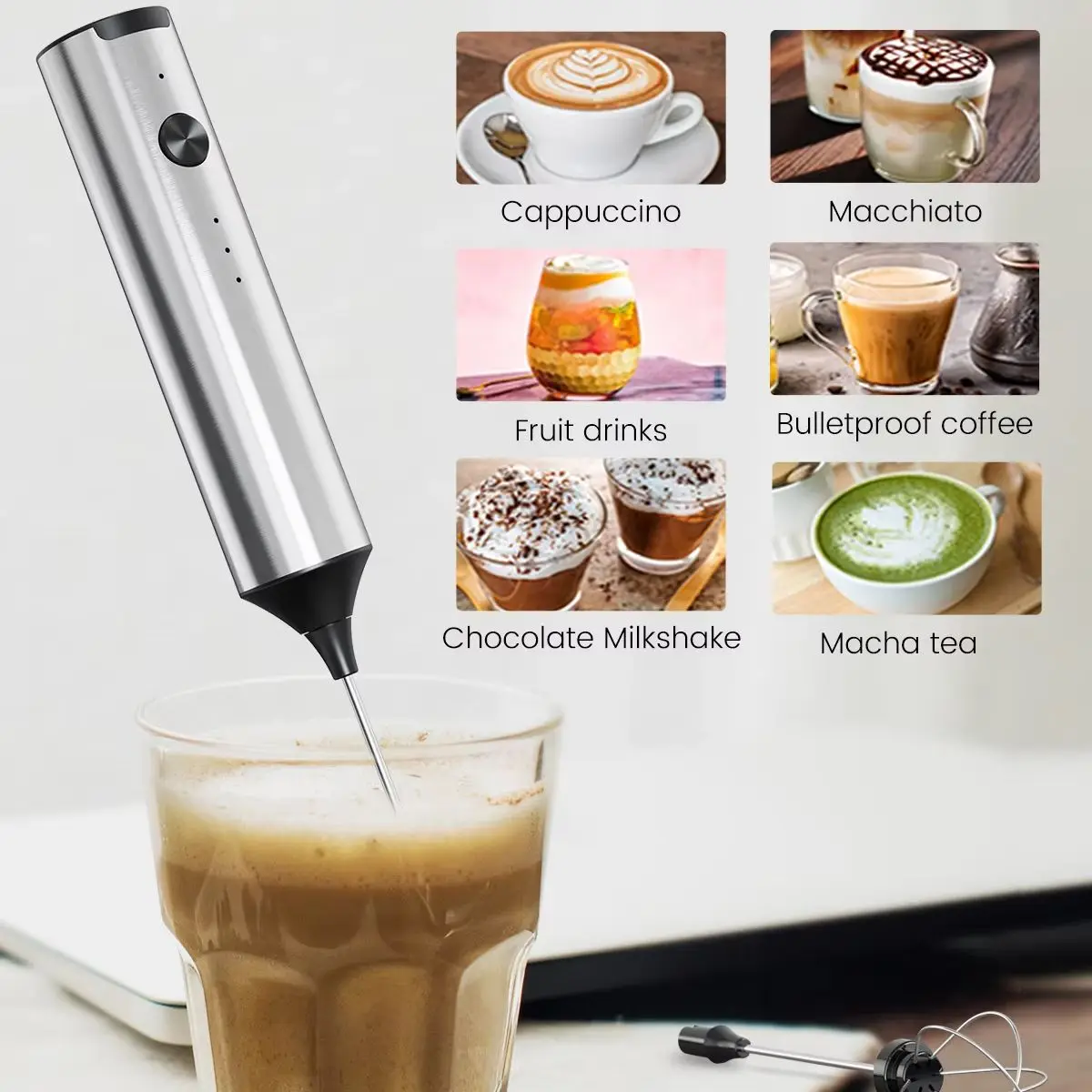 Batidora eléctrica portátil, inalámbrica y recargable, con múltiples funciones, 3 velocidades y 2 batidores, fabricada en acero inoxidable resistente, ideal para preparar matcha.