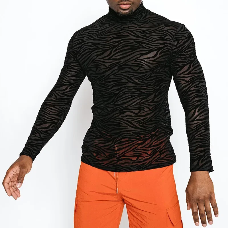 Men Mesh T Shirt Turtleneck Long Sleeve See Through Printed Casual Sexy Tee Tops Streetwear Party Nightclub Camisetas