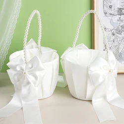 20 cm White Flower Girls Basket Silk Wedding Basket for Flower Bride/Kids Hand Held Wedding Ceremony Party Decorations