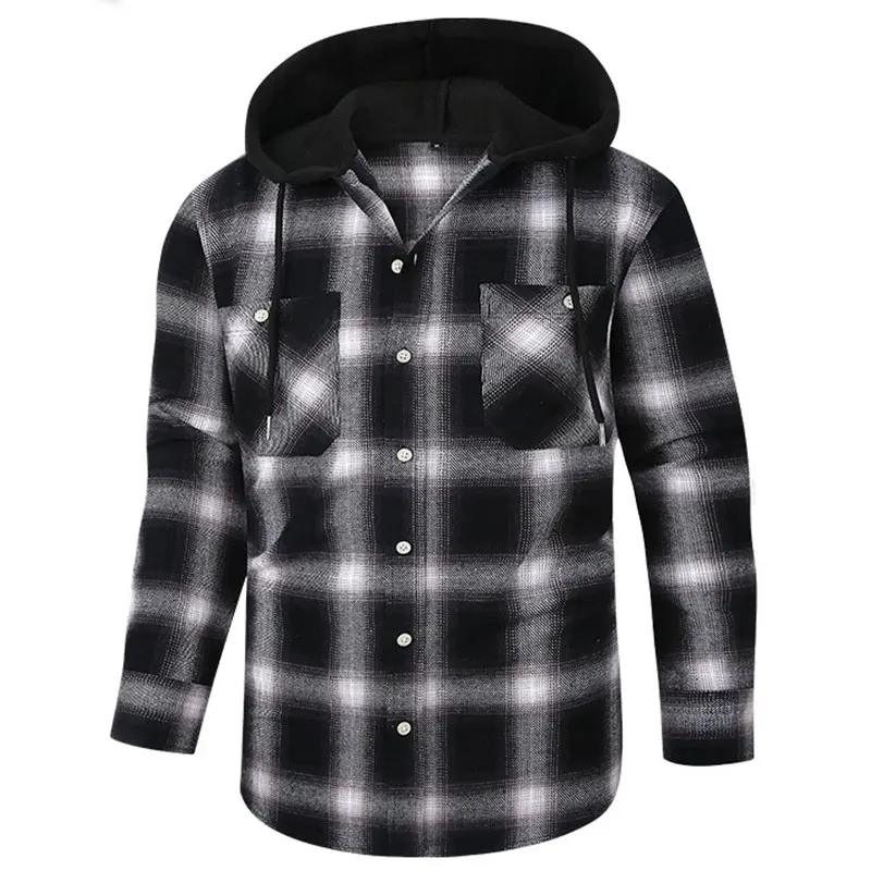 Spring and autumn new fashion hooded double pocket daily casual plaid flannel men\'s long-sleeved shirt wool coat American code