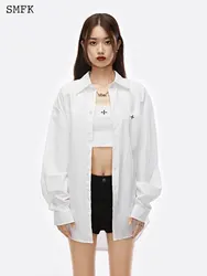 SMFK Classic Shirt Cross Embroidered Oversize Women's Basic Long Sleeve Shirt Minimalist Button Up Loose Cotton Blouse Clothing