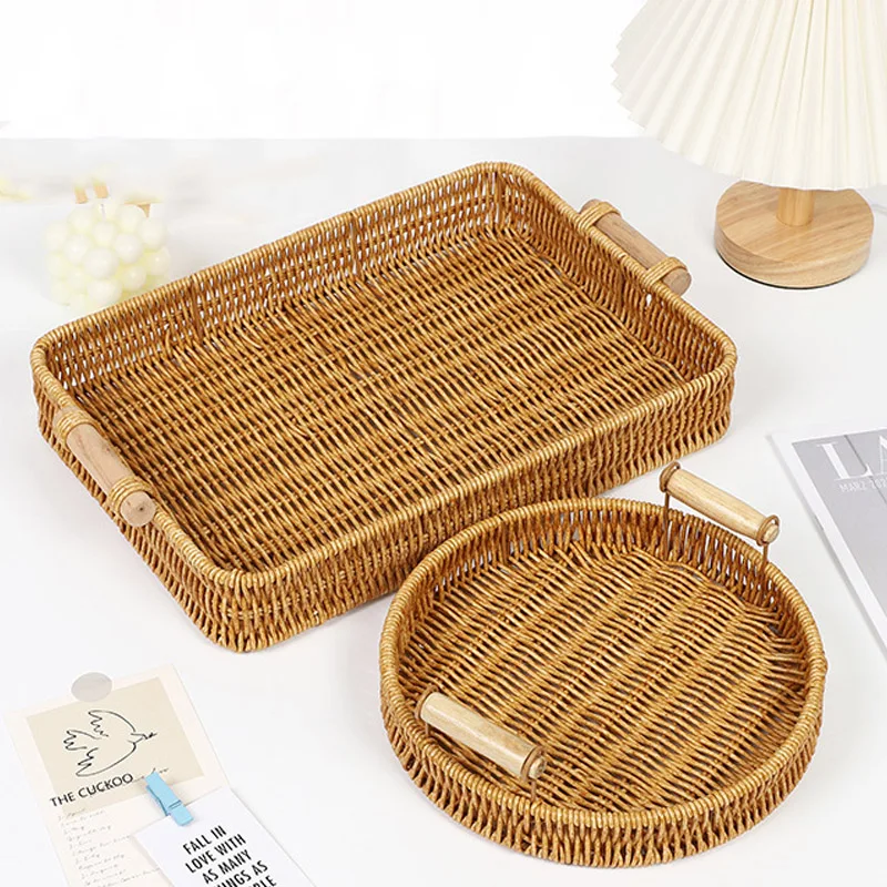 Cesta de Frutas Estilo Ratán, Cesta Tejida a Mano para Almacenamiento de Pan, Cestas Tejidas con Doble Asa, Bandeja Compacta para Pan y Frutas, Organizador para el Hogar