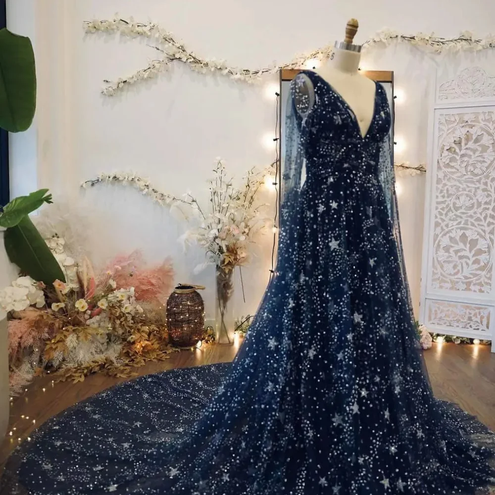 Amanda personalizzato blu navy glitter cinturino per spaghetti abiti da ballo maniche lunghe abiti da noche pavimento-lunghezza da sera formale 2025