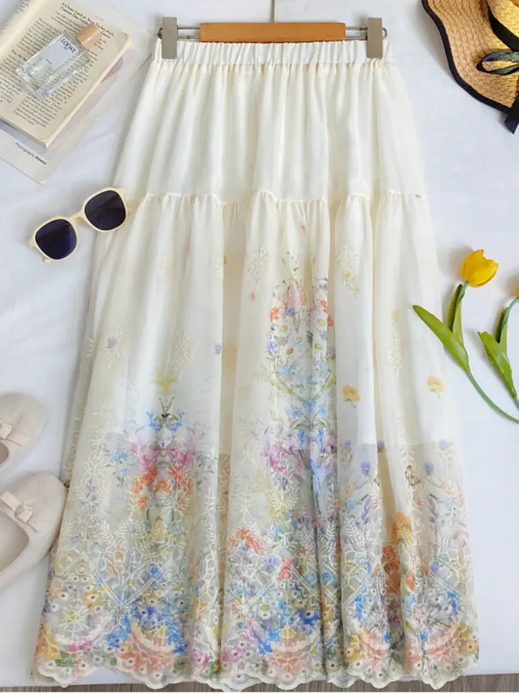 

Женская плиссированная юбка А-силуэта с цветочной вышивкой и ажурными вставками, с высокой талией, свободного кроя, с широким подолом, коллекция Весна-Лето 2026