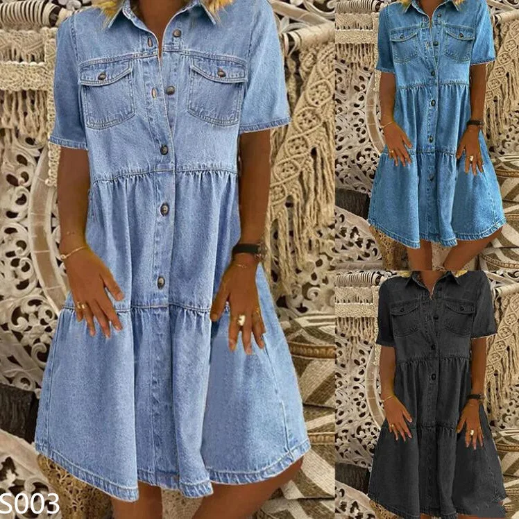Vrouwen denim knoopjurk 2025, korte mouw, zak, midi-jeansrok, casual lente-zomer-outfit, vintage mode