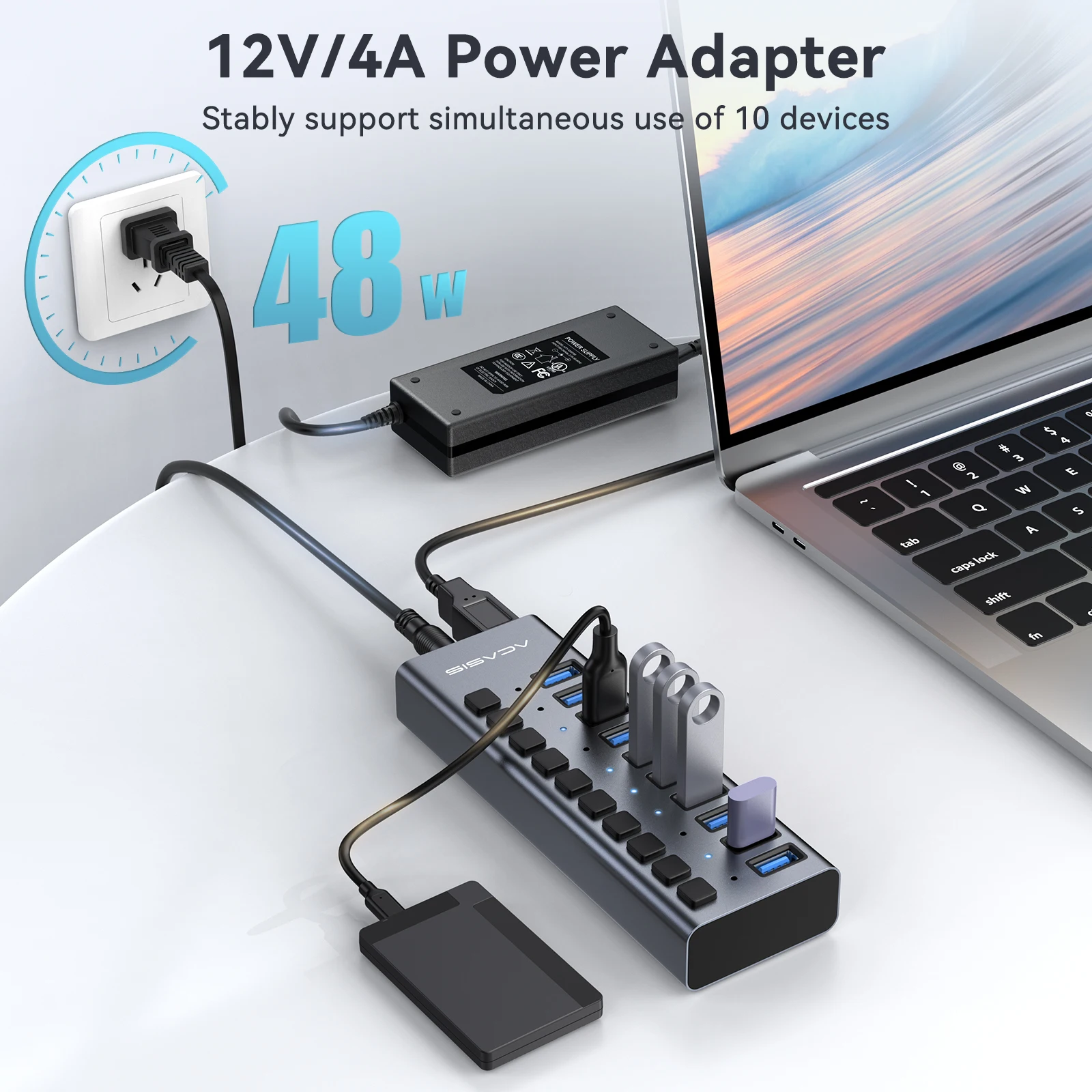 Imagem -04 - Acasis Usb 3.0 Divisor 5gbps 10 13 Portas Docking Station Interruptor Individual para Teclado Mouse Impressora Usb Expandir para Macbook