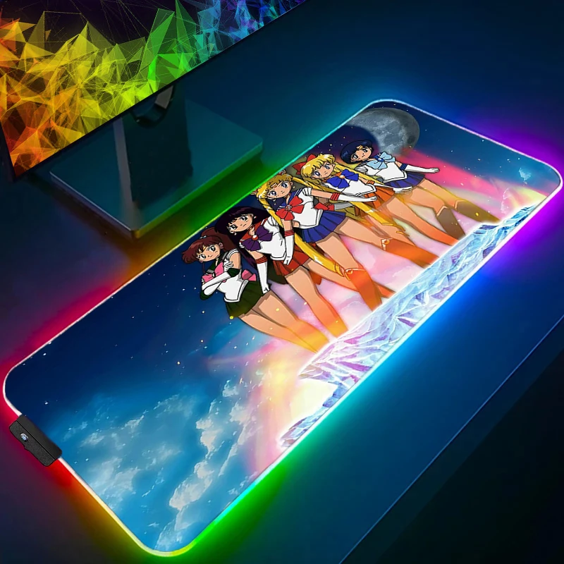 RGB Mousepad LED Desk Mat Pc Gaming Accessories Mouse Pad Computer S-sailor M-moon Gamer Keyboard Pad Anime Cute Girl Table Mat