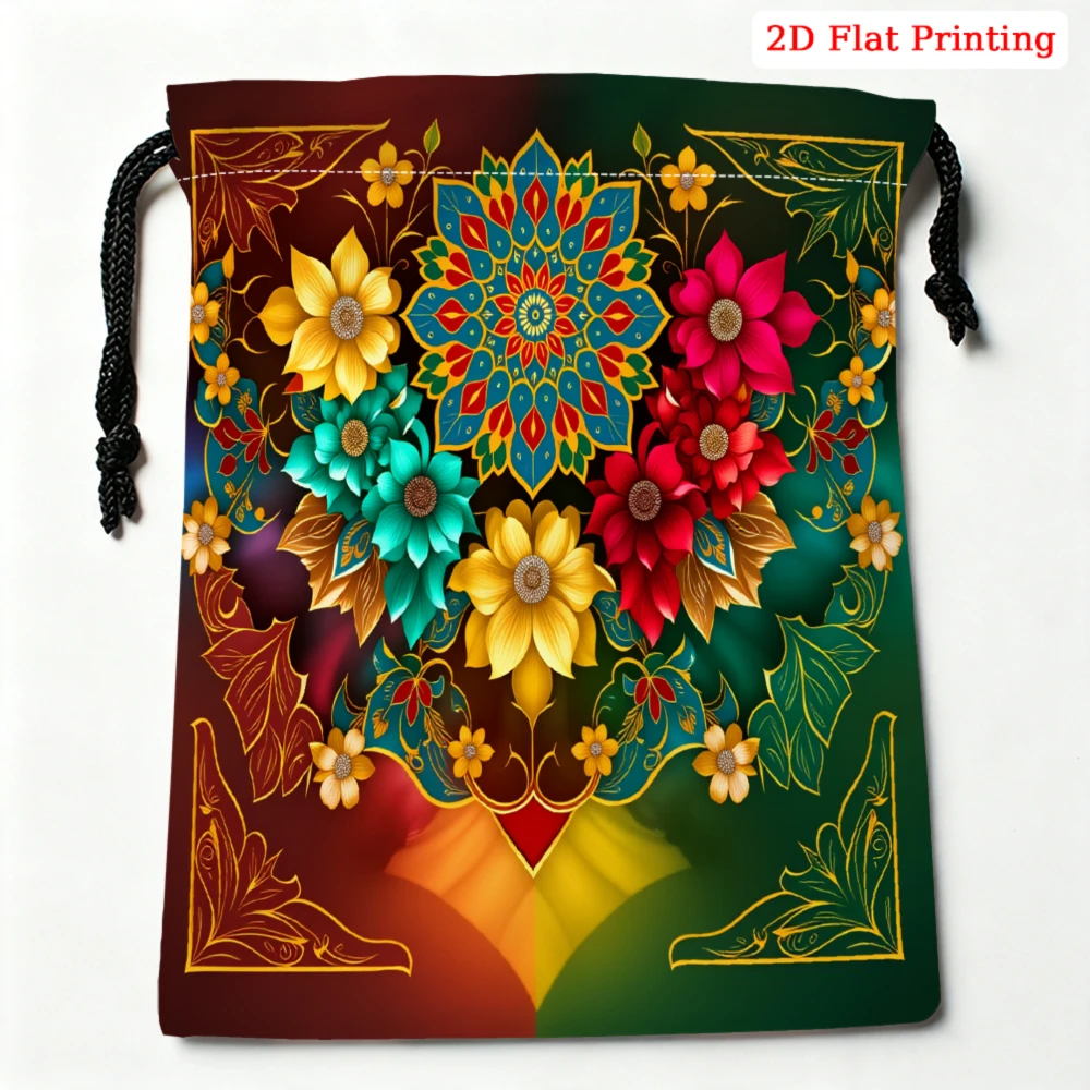 1Pc Vintage Floral Mandala Drawstring Bag Multicolor Flower Print Storage Small Pouch For Glasses Jewelry Cosmetics Travel Organ
