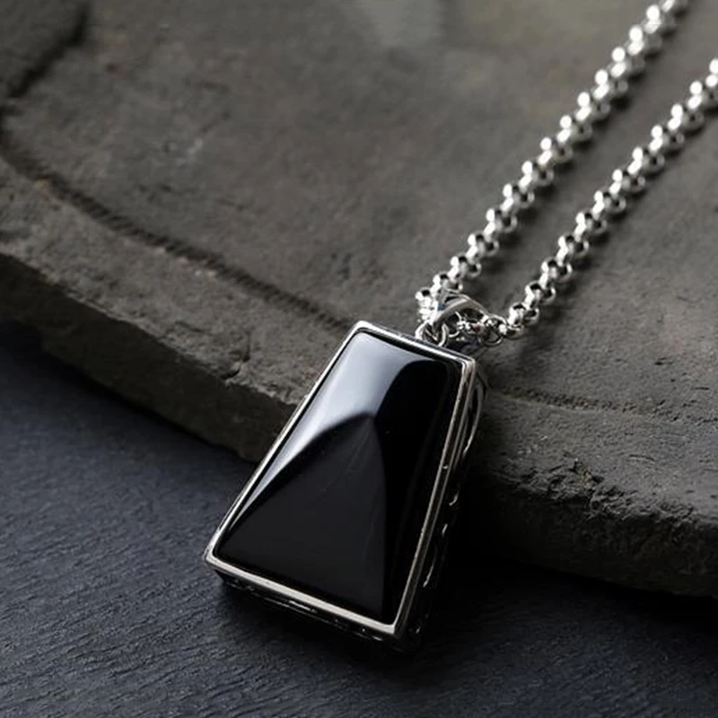 Original design geometric black agate pendant necklace retro domineering creative men and women charm brand silver jewelry