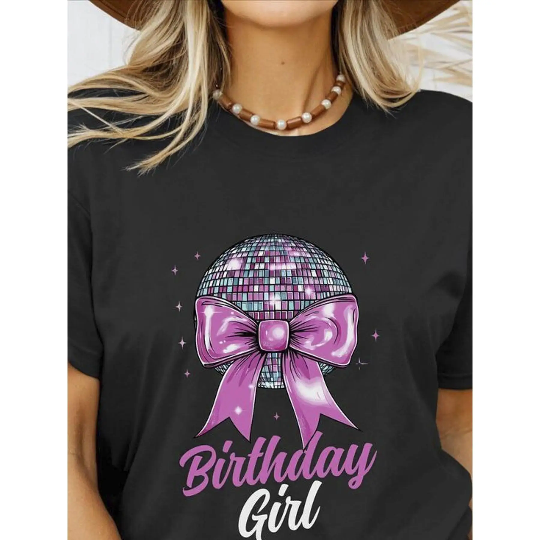 

Women's Birthday Girl T-Shirt | Disco Ball Pink Bow Graphic Tee | Retro Party Celebration Gift Top