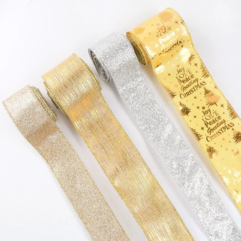 5 Meters Gold Champagne Ribbons Christmas DIY Bow Crafts Polyester Ribbon Xmas Tree Ornament Decorations New Year Gifts Wrapping