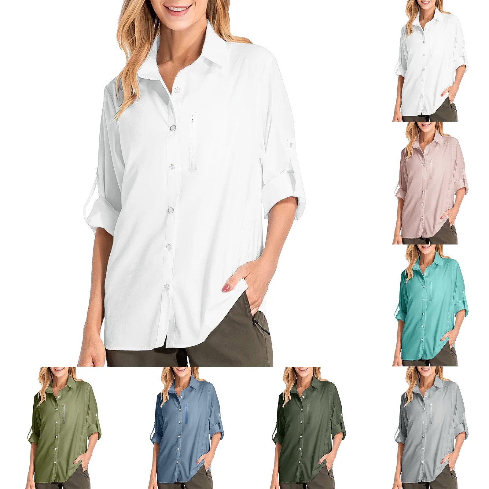 Camisa de manga larga Upf 50 + para mujer, camisa versátil informal de secado rápido para exteriores, pesca y senderismo, Color sólido