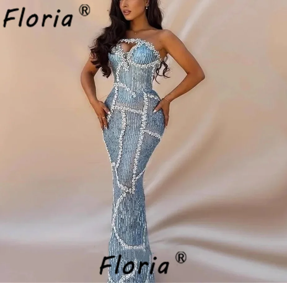 

Arabic Luxury Crystal Sequined Mermaid Evening Dresses Stunning Beaded Floor Length Blue Wedding Party Gown Customized Robe Gala