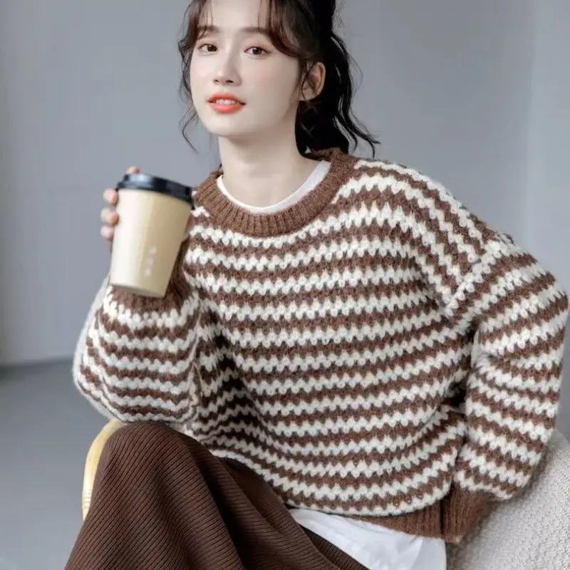 女性のだぶだぶのカジュアルセーター,特大の織りセーター,韓国の服,愛らしい,冬,2023