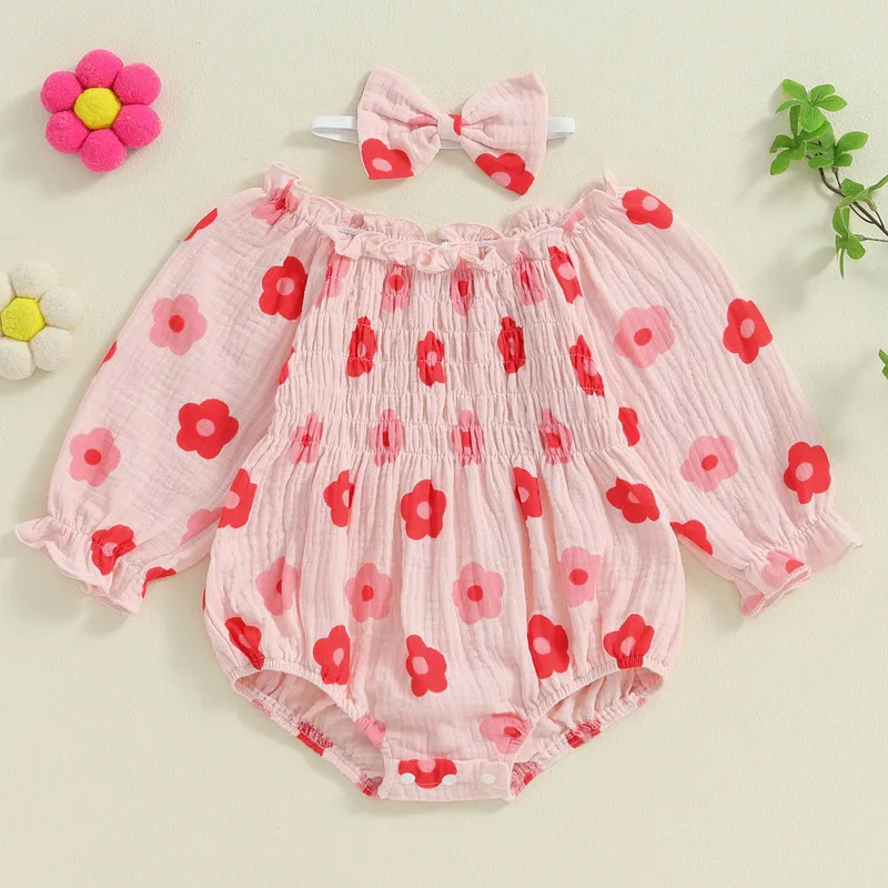 Newborn Baby Girls Bodysuit Fall Clothes Long Sleeve Floral Square Neck Smocked Ruffled Jumpsuit Bow Headband Adorable Outfits