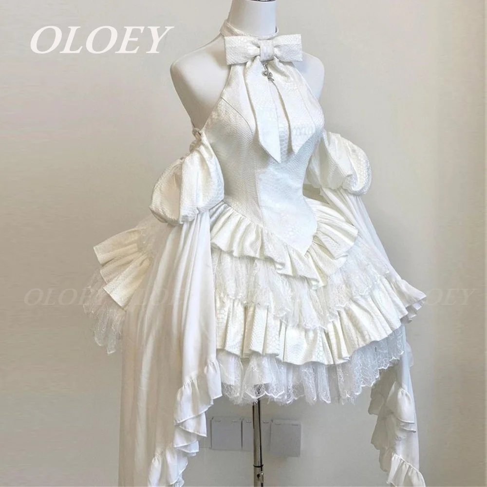 

OLOEY Modern Solid Black White Short Lolita Dress Gothic Off Shoulder Halterneck Mini Dress Sweet Bow Customized Puff Party Gown