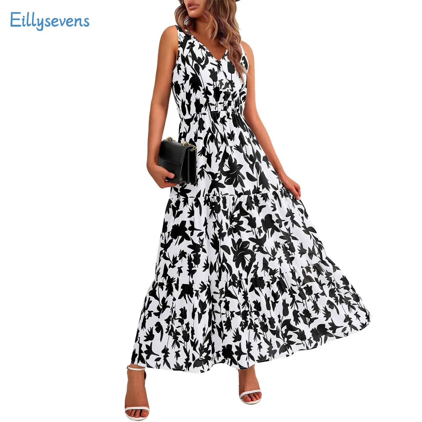 

Women'S Flowing Dresses Summer New Casual Resorts Style Long Dresses Daily Date Sweet Floral V-Neck Comfy All-Match Tank Dress