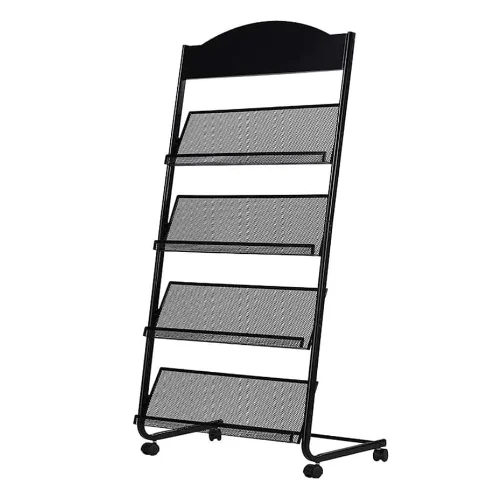 

Hot Sale Metal 4-Layer Magazine Rack Newspaper Brochure Display Stand Movable Book Display Shelf With Wheels