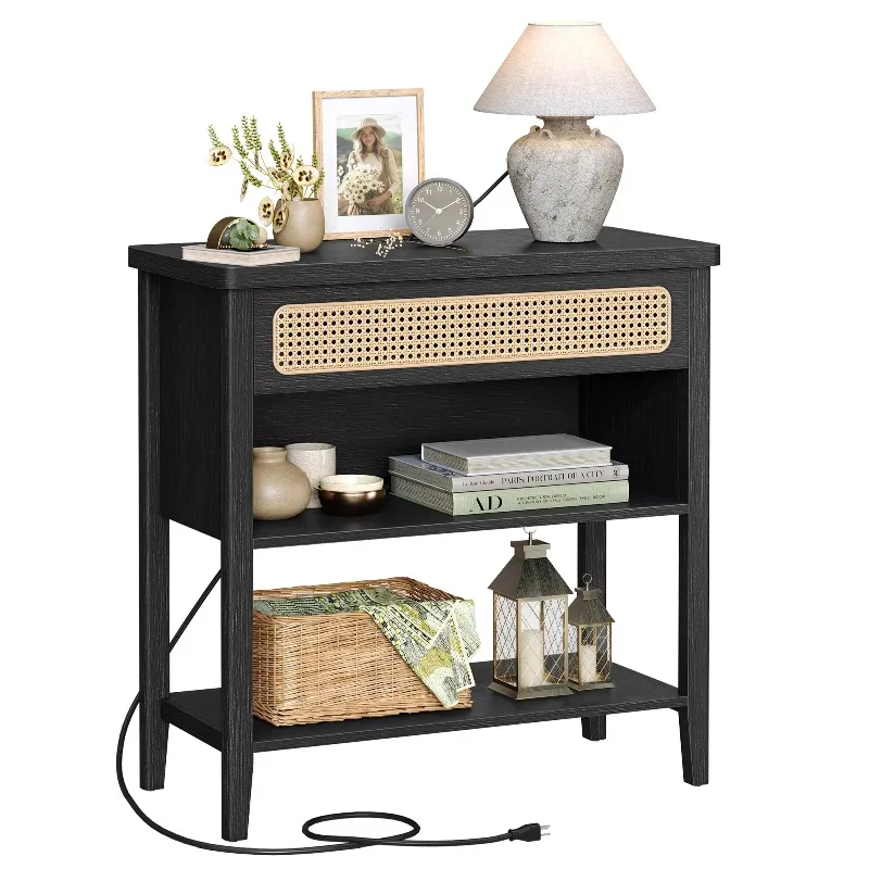 Boho Black Large Capacity Entryway Table Storage Shelf Rattan Console Table Sofa Table With Drawer