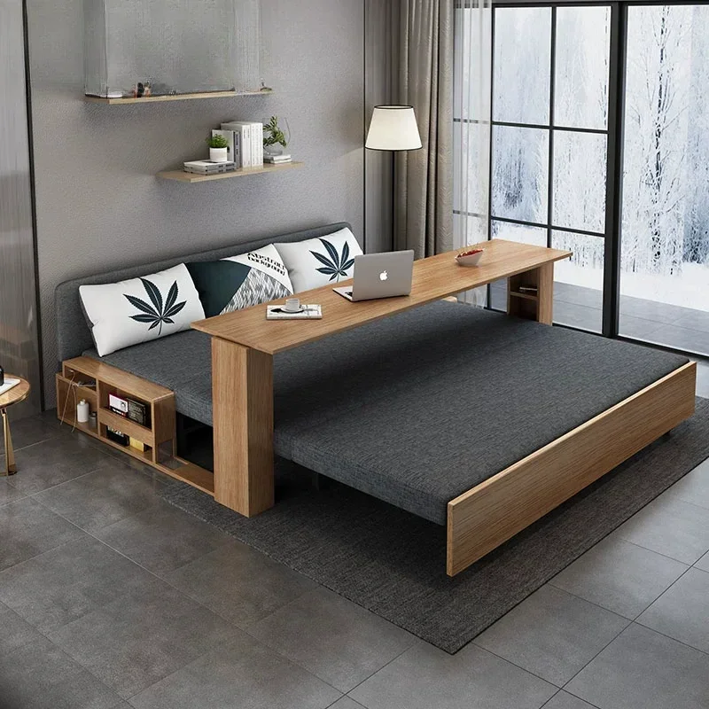 sofa bed dual-purpose solid wood foldable sitting and lying, simple push-pull storage living room, small double multi-functional