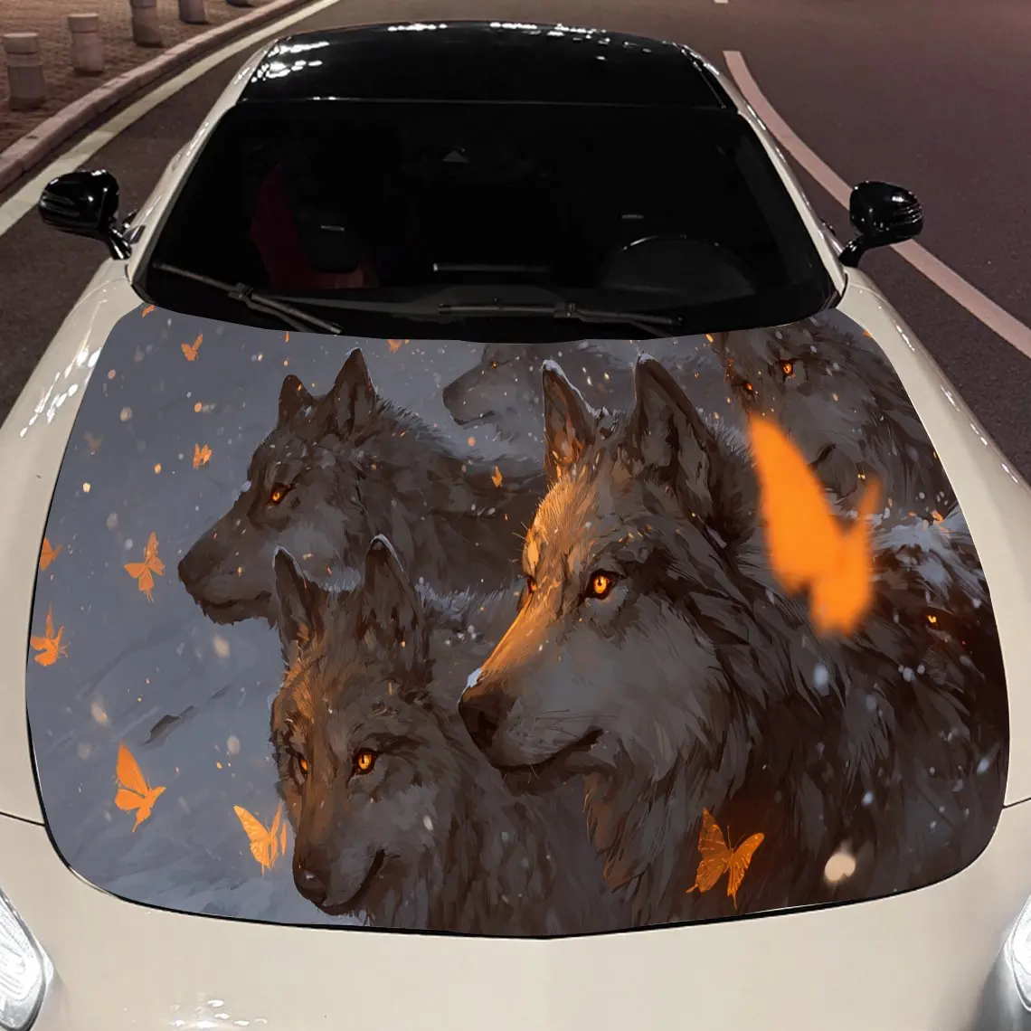 

Charming Wolves with Orange Butterflies Car Engine Hood Sticker, Auto Vinyl Wraps, Waterproof Self-adhesive Vehicle Decal, Durab