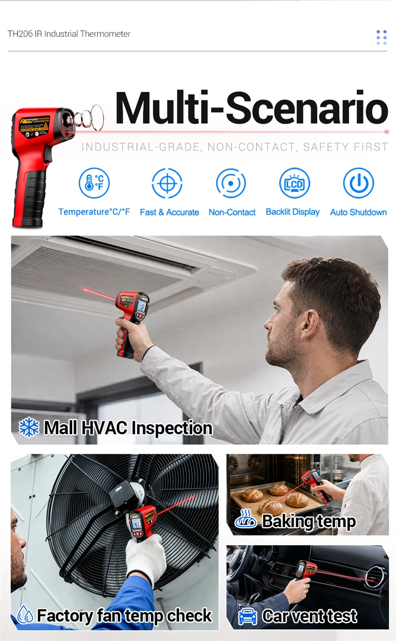 ANENG TH206 Infrarot-Thermometer ‑50 ℃ ‑400 ℃ 12:1 D:S-Verhältnis Laser-Zielung ℃ / ℉ Berührungsloser Temperaturmesser mit Datenhaltefunktion und Hintergrundbeleuchtung – Detail 2