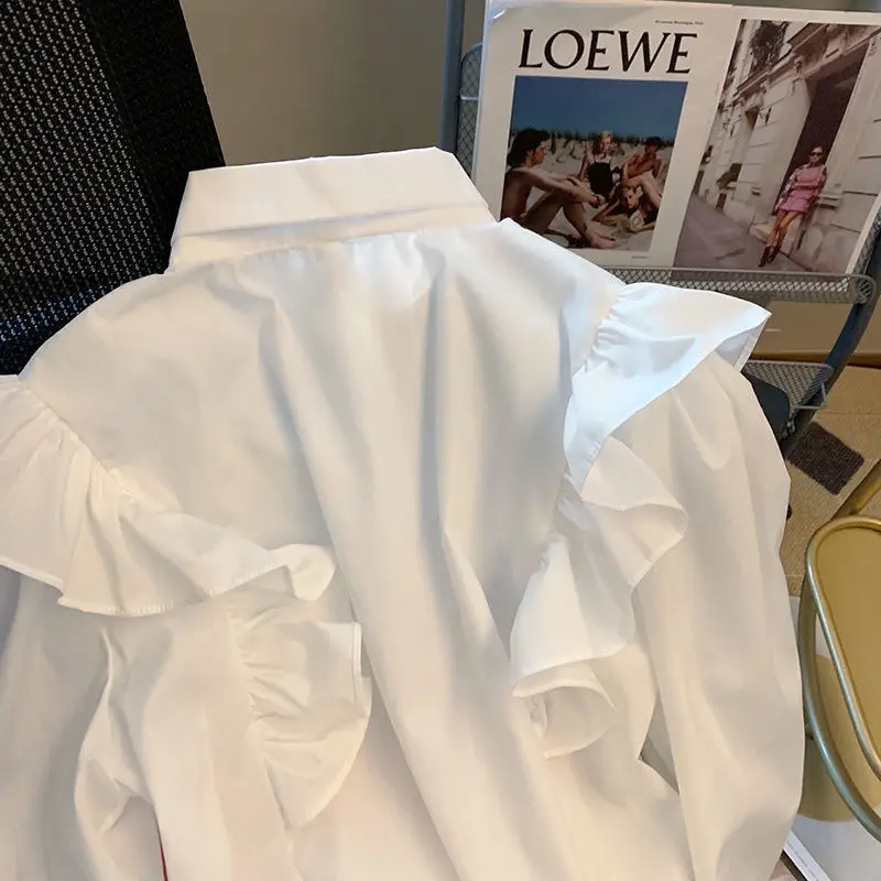 Spring Autumn New Solid Color Fashion Long Sleeve Shirt Women Elegant POLO Collar Button Cardigan Ruffles Bow All-match Blouse