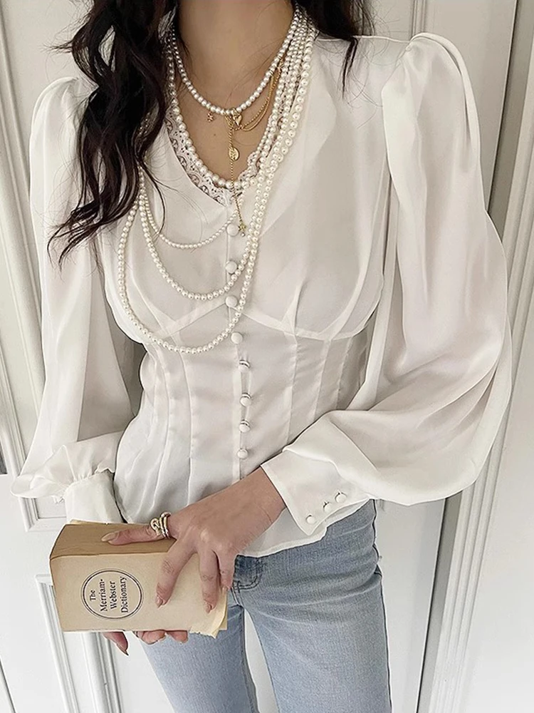 

Ele Spring Chic Ruffle Trim V-Ne Button Detail Slimming Bubble Sve irt Women's Faion Commute Loose Fit Long Sve
