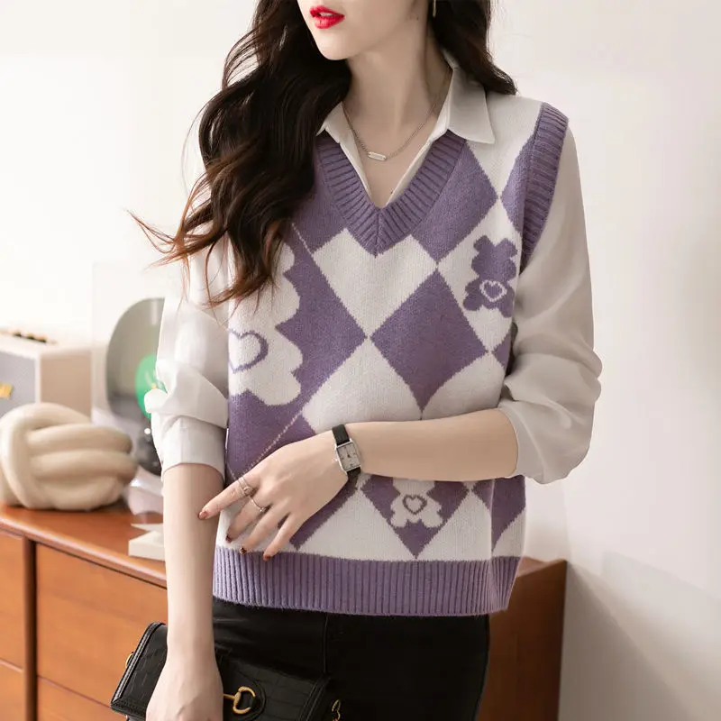 Women Vintage Argyle Simple V Neck Sleeveless Outewear Knitted Sweater Vest Autumn Winter Female Casual Loose Pullover Waistcoat