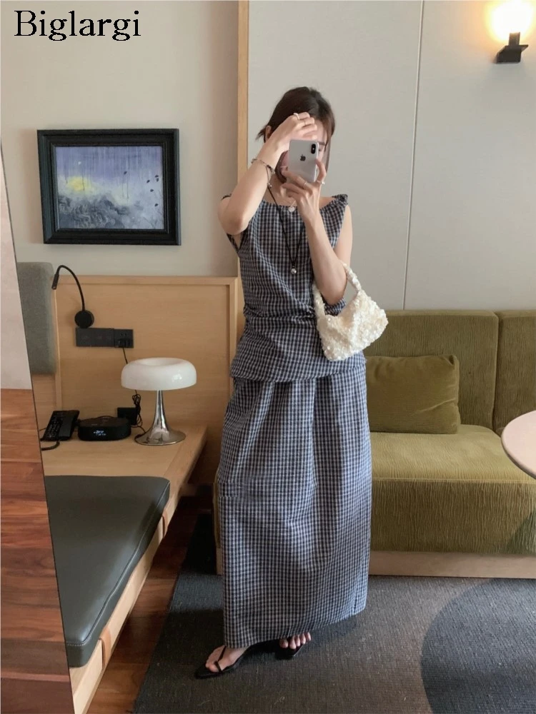 

Summer Plaid Print 2 Two Piece Set Women Korean Style Fashion Casual Ladies Sleeveless Blouses Loose Woman Skirts