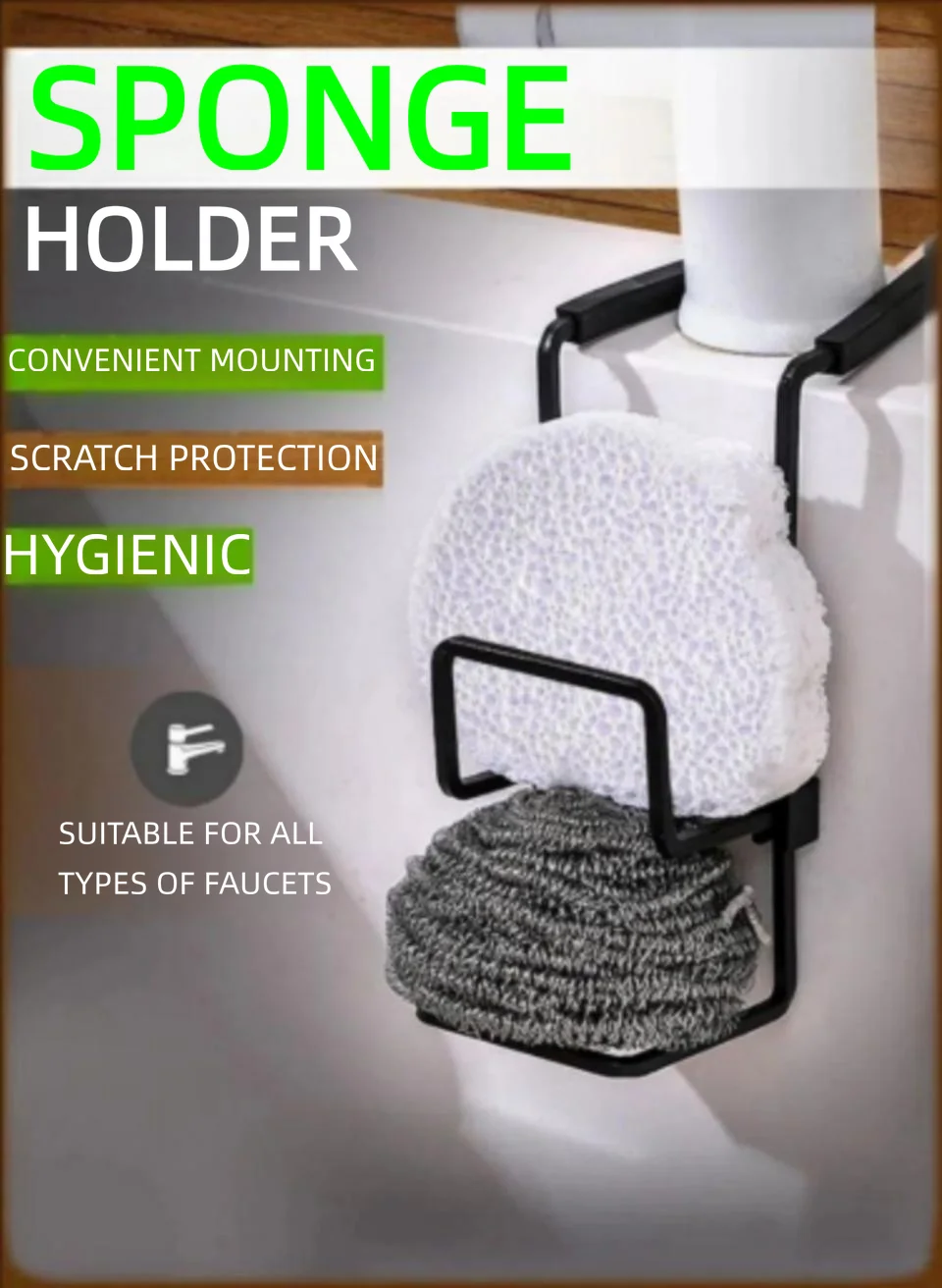 Black Faucet Sponge Holder, No Drilling Kitchen Sink Organizer for Sponge Soap Rag, Rustproof Hanging Caddy, Space Saving