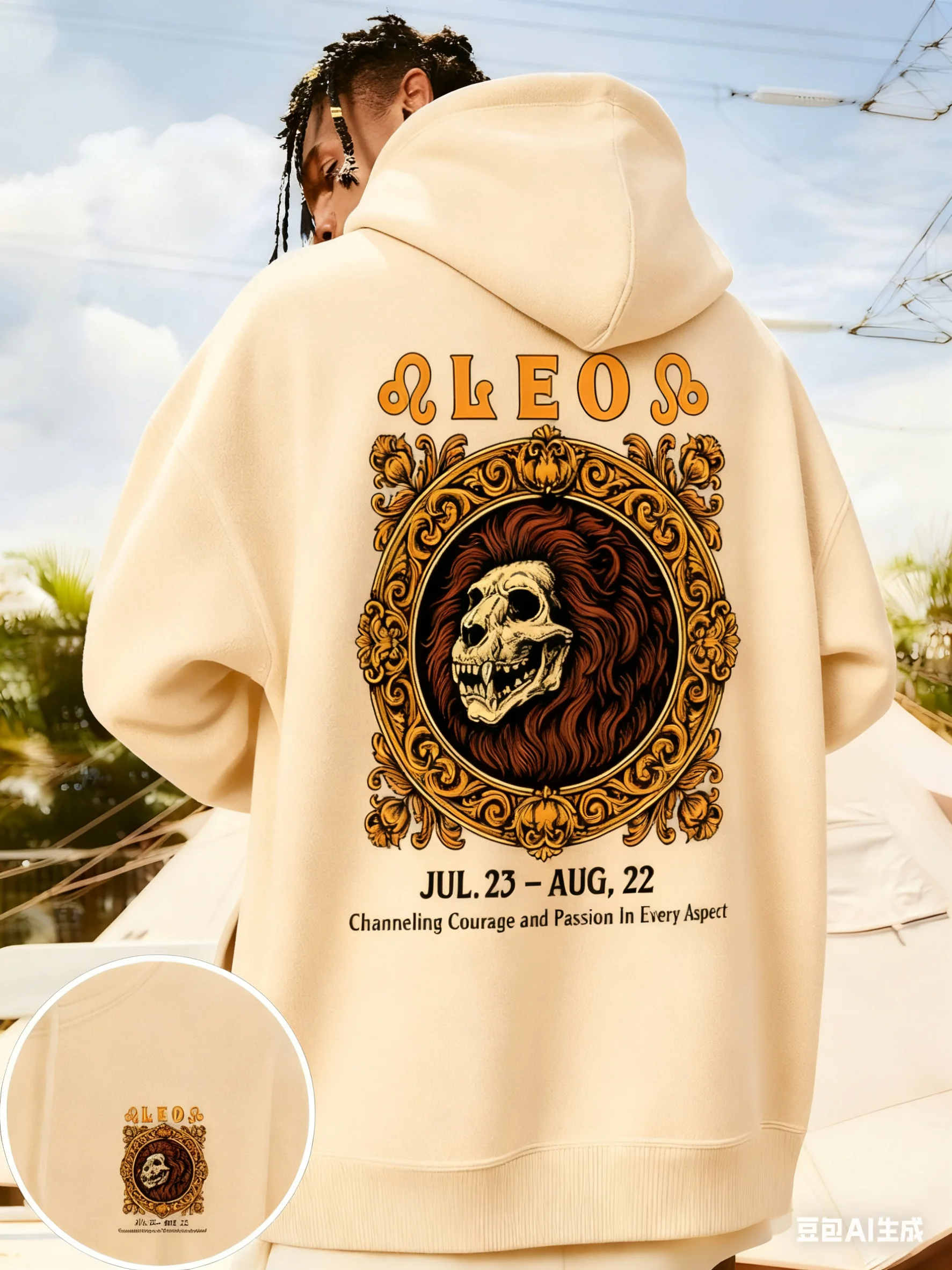 سويت شيرت بقلنسوة رياضي برسومات ليو زودياك لعام 2025 - بلوفر شتوي سميك مع رأس أسد ليو وحروف ليو #5