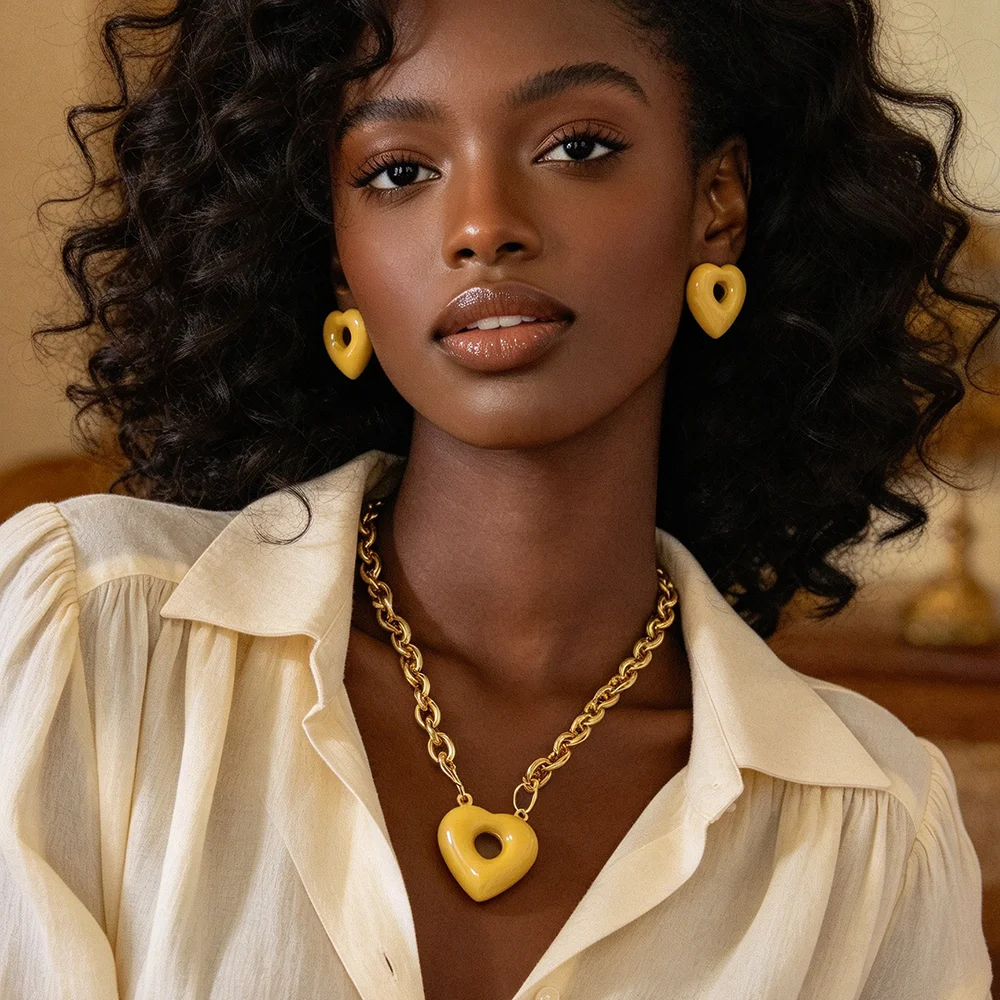 Gold‑Tone Hollow Cut‑Out Heart Jewelry Set Stainless Steel Chunky Link Chain Necklace Heart Stud Earrings Statement Jewelry