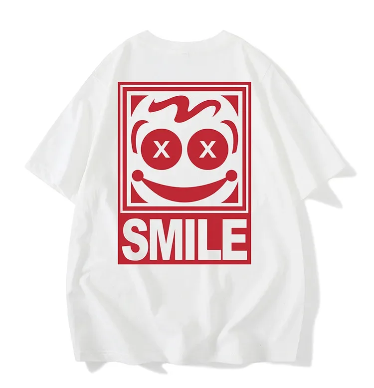 Youth Boys' Trendy Smiling Face T-shirt American Casual Style Pure Cotton Short Sleeve for Men Popular Trendy Brand