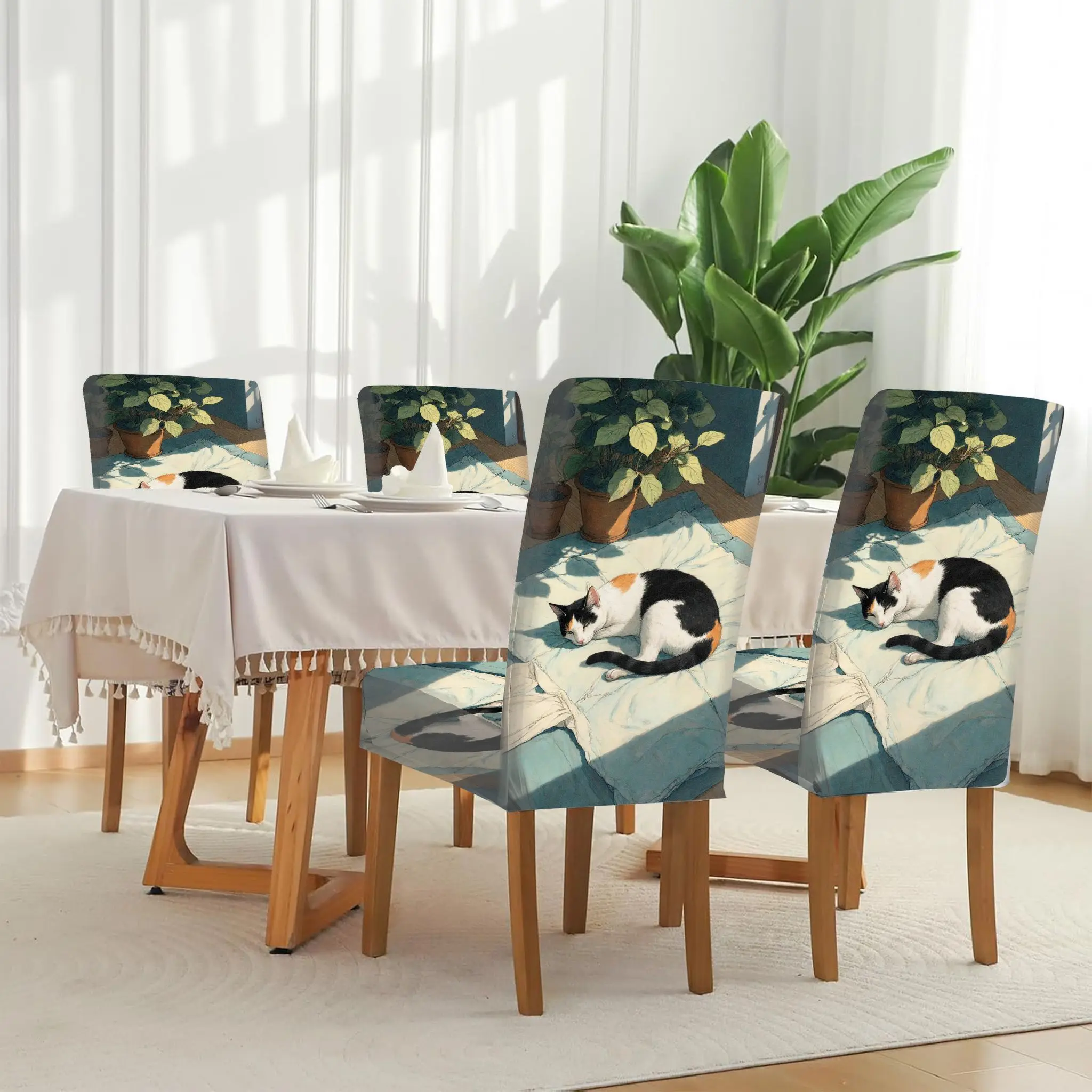 

Elastic dining chair cover, cat asleep on light blue futon, light and plants create a warm atmosphere pattern