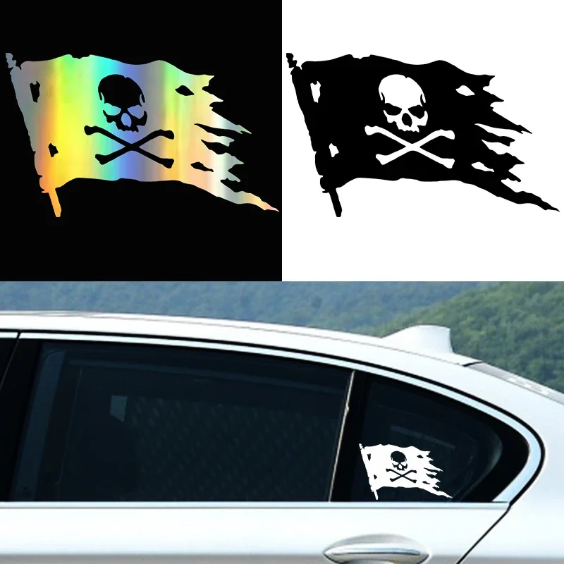 G137 20X12CM Jolly Roger Pirate Flag Car Sticker Fashion Vinyl Window  Black White Laser Color Auto Exterior Decor Accessories
