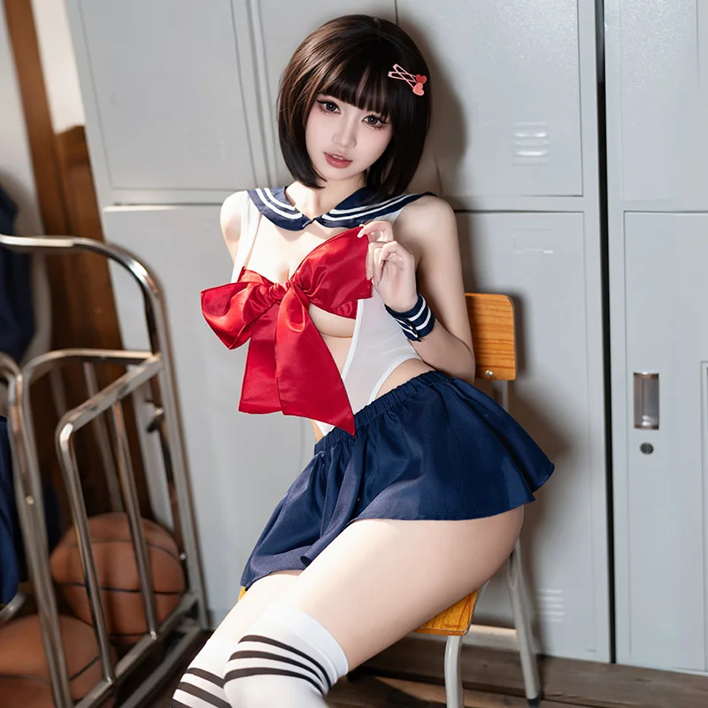 LISM-Conjunto de lencería Sexy de marinero para mujer, mono azul marino blanco transparente + minifalda con lazo rojo, traje erótico de juego de rol
